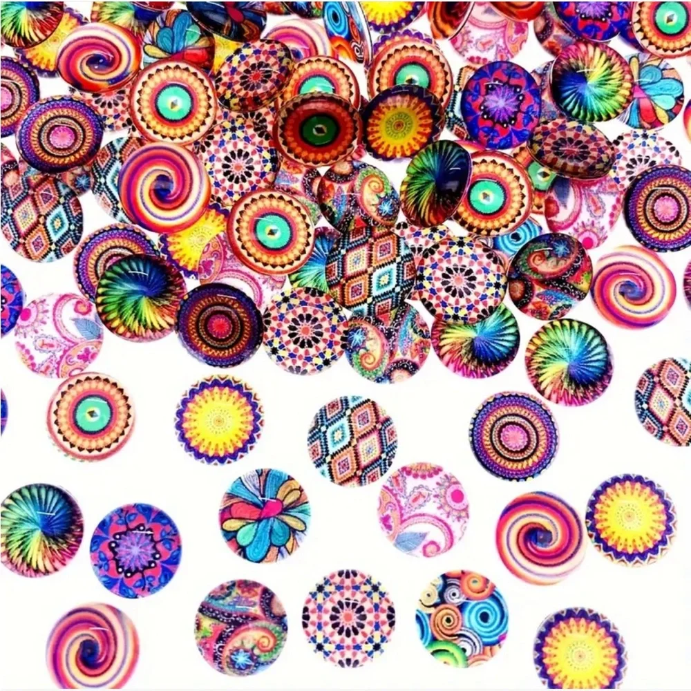 DIY Boho Mandela Glass Cabochons, 6 Random Pairs